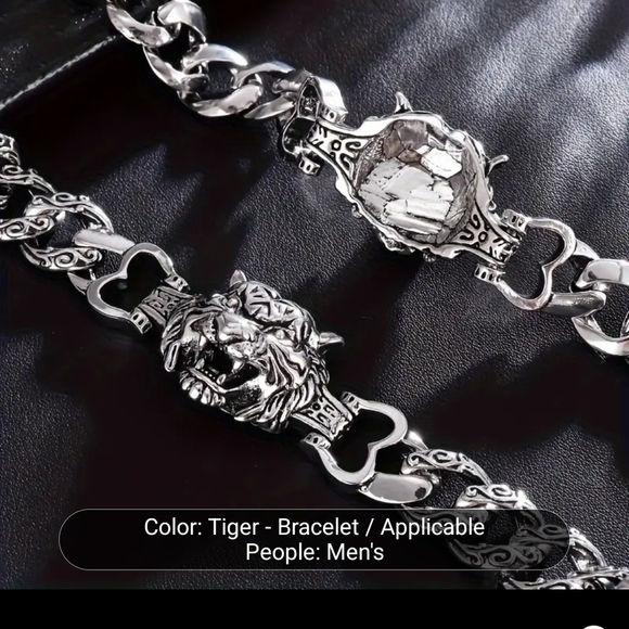 Men's Stainless Steel Silver Tiger Head Bracelet 8" - Picture 5 of 11